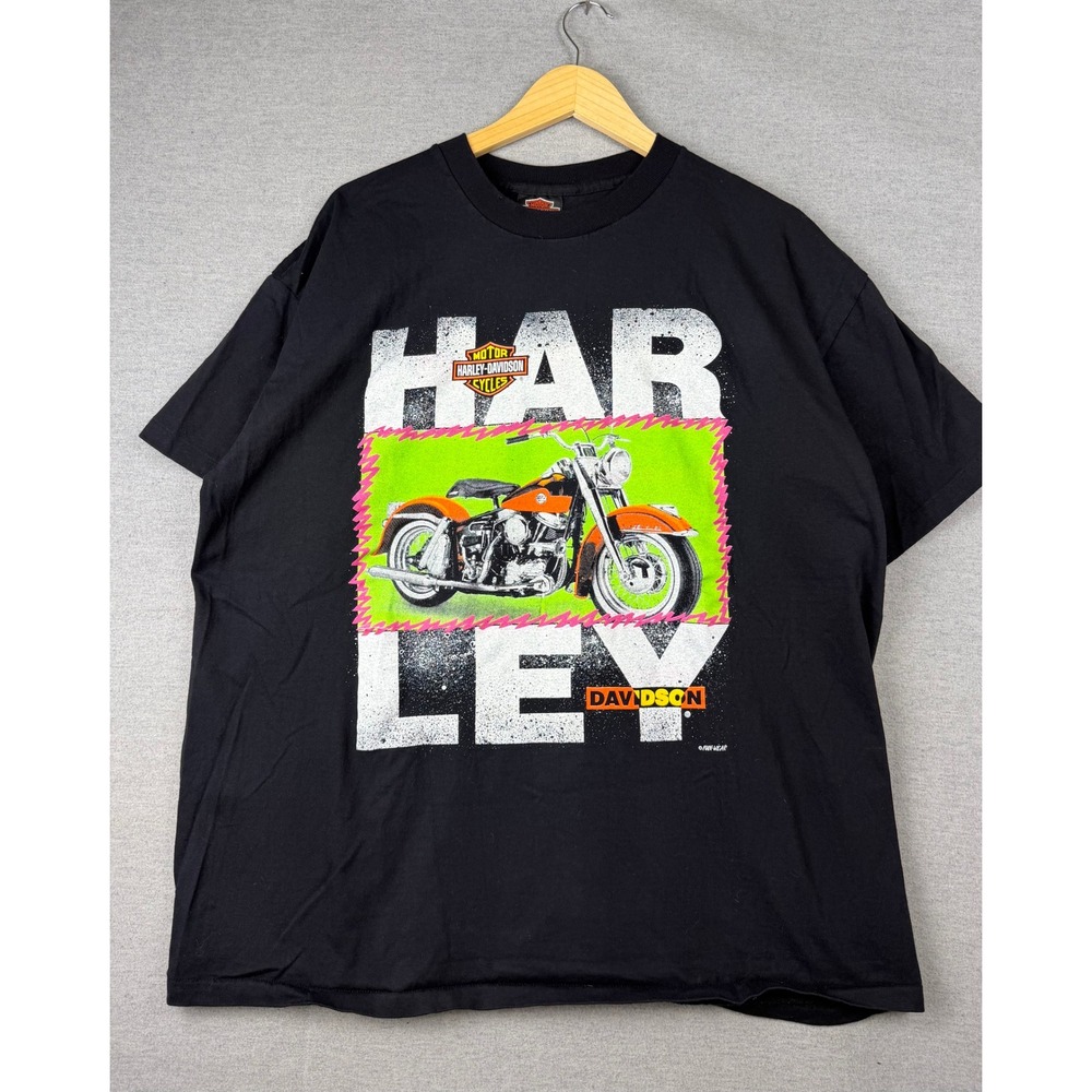 Vintage Harley Davidson Motorcycle T-Shirt XL Black Neon Graphic Fun Wear 90s